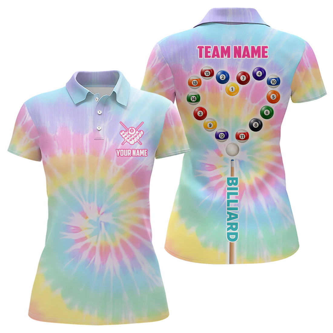 Custom Personalized Colorful Tie Dye Heart Billiard Women's Polo Shirts S-5XL