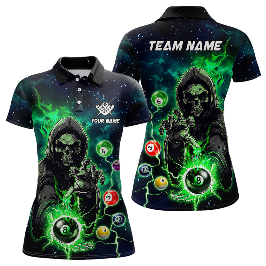 Custom Billiard Skeleton Green Team Shirt League Women's Polo Shirts S-5XL