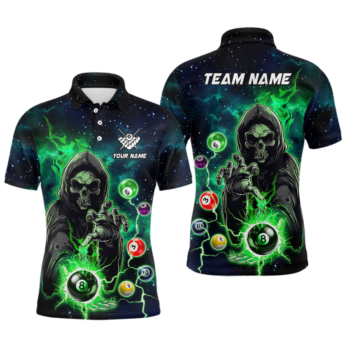 Green Billiard Death Skeleton Men's Polo Shirt Size S-5XL