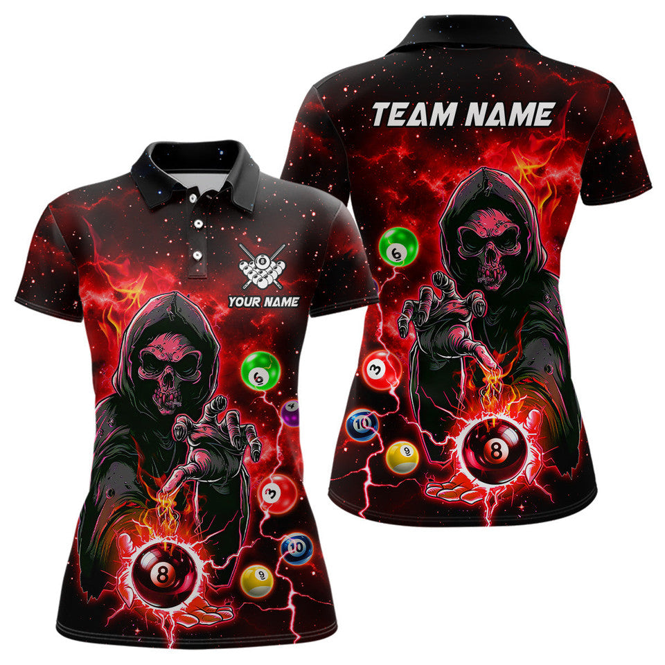 Custom Billiard Team Polo with Red Death Skeleton Design Women's Polo Shirts S-5XL