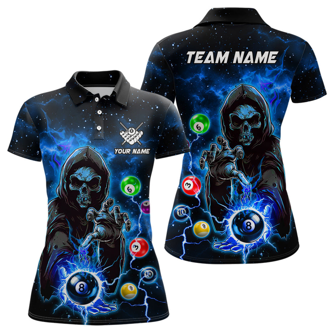 Custom Blue Billiard Death Skeleton Women's Polo Shirts S-5XL