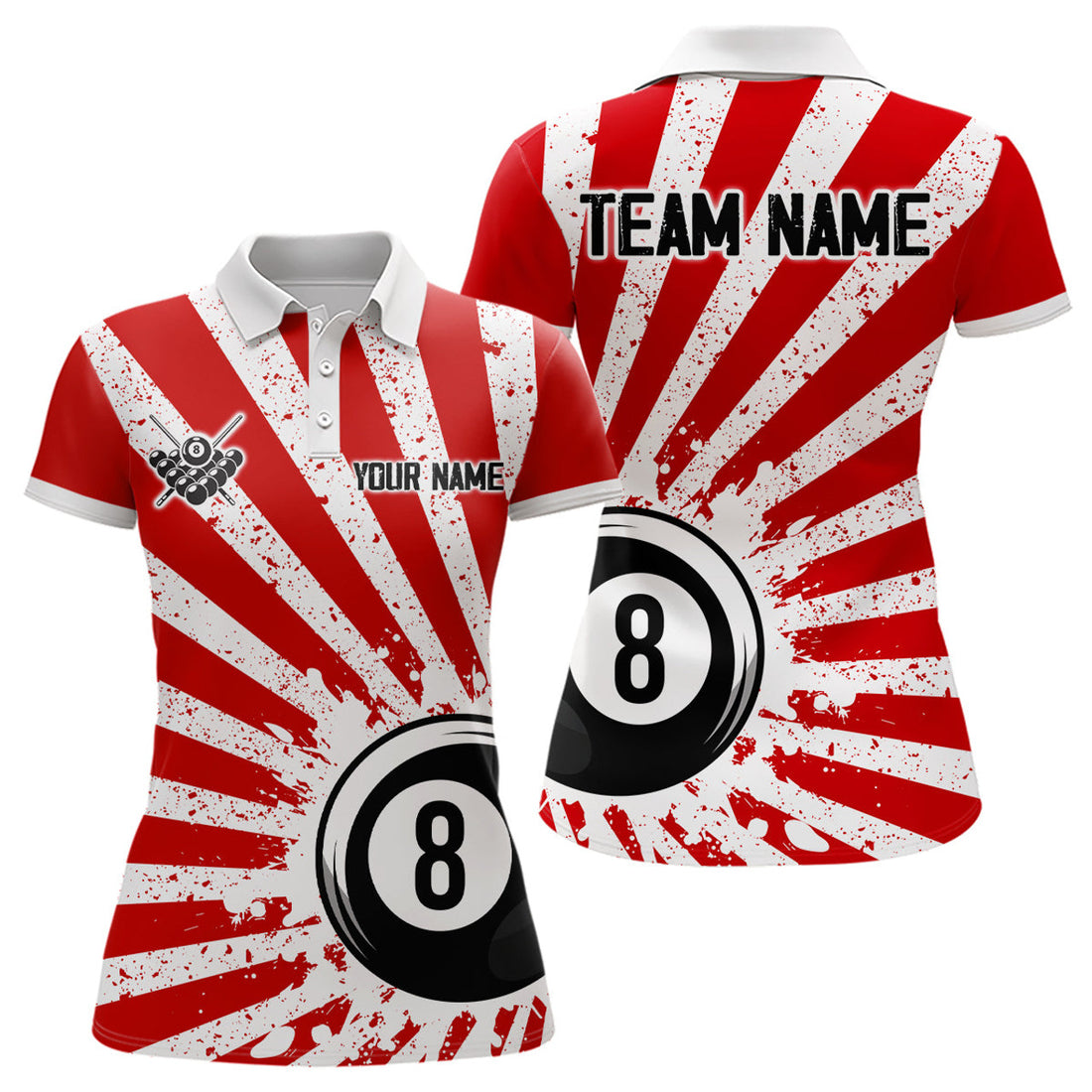 Custom Funny Red 8 Ball Billiard Design Grunge Style Women's Polo Shirts S-5XL