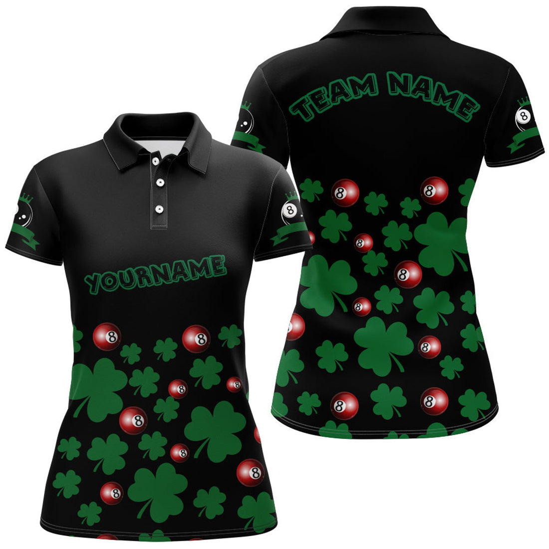 Custom Black Green 3D Billiard Balls and Clovers Full Print Women's Polo Shirts S-5XL