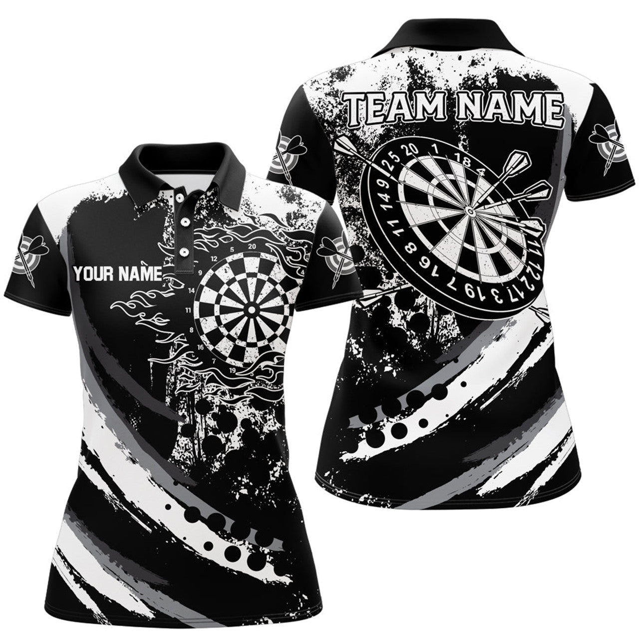 Custom Grunge Black Darts Flame Retro Team Women's Polo Shirts S-5XL