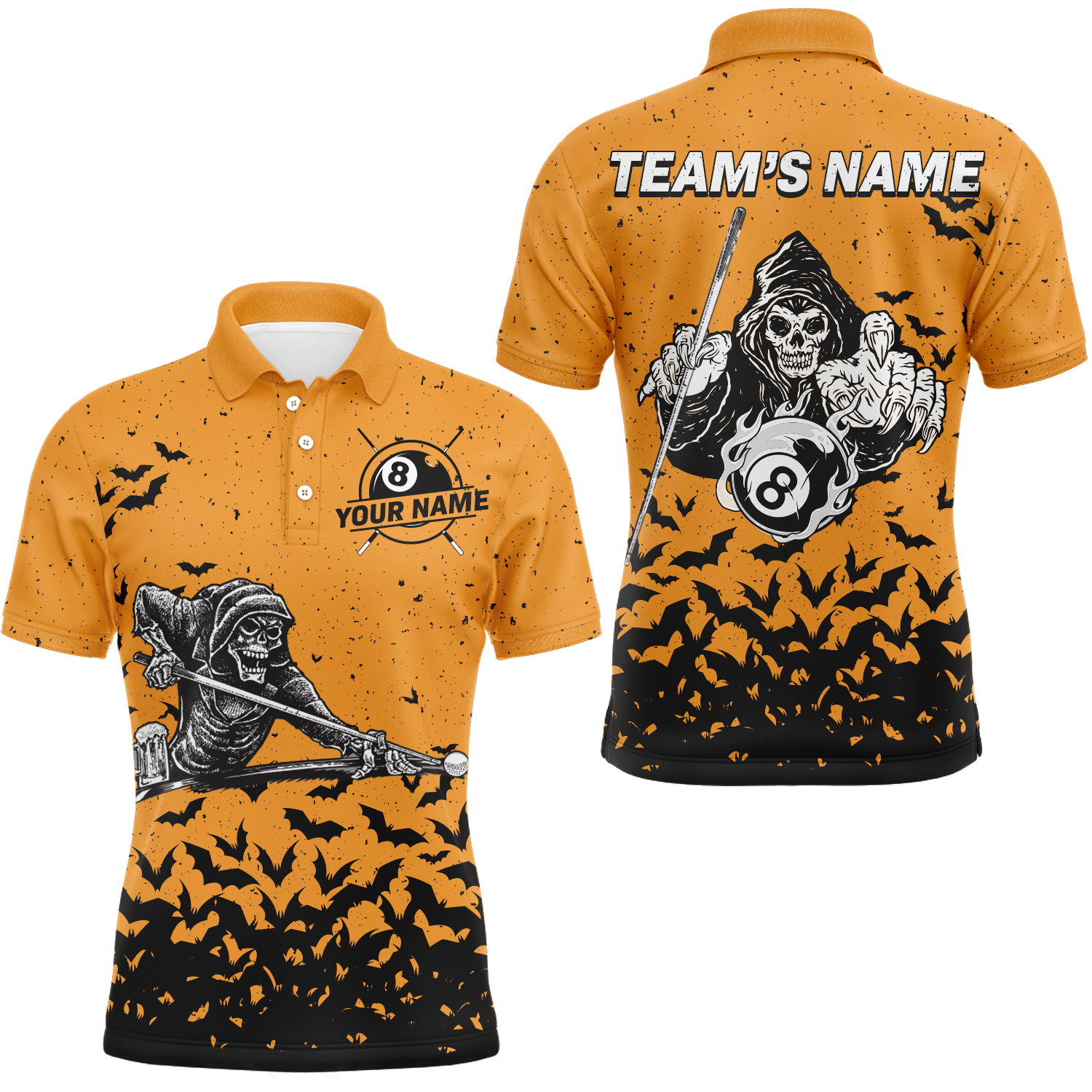 Custom Name Orange Skeleton Billiard Shirt Best Halloween Gift Men's Polo Shirt