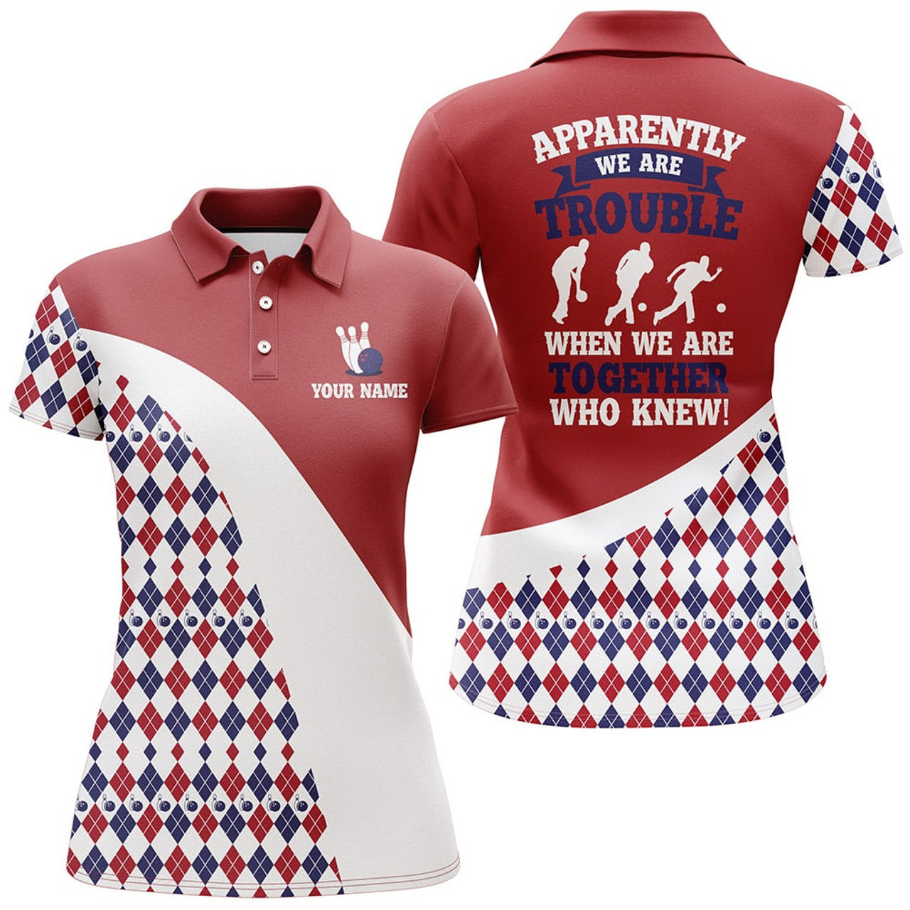 Custom Name Argyle Bowling Shirt for Ladies Bowling League Women's Polo Shirts S-5XL