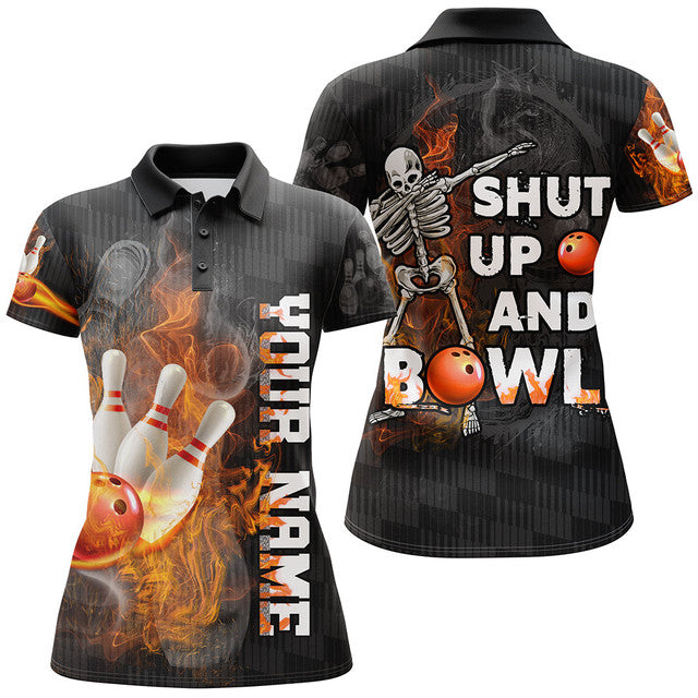 Custom Funny Shut Up and Bowl Bowling Flame Skull Design Women's Polo Shirts S-5XL