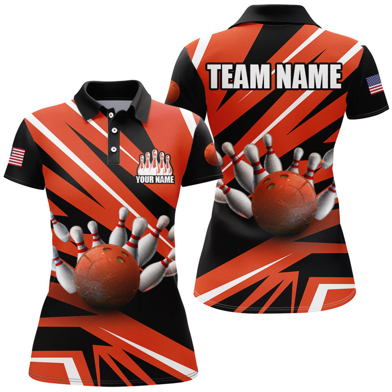 Custom Orange and Black Bowling for Bowling Team Women's Polo Shirts S-5XL