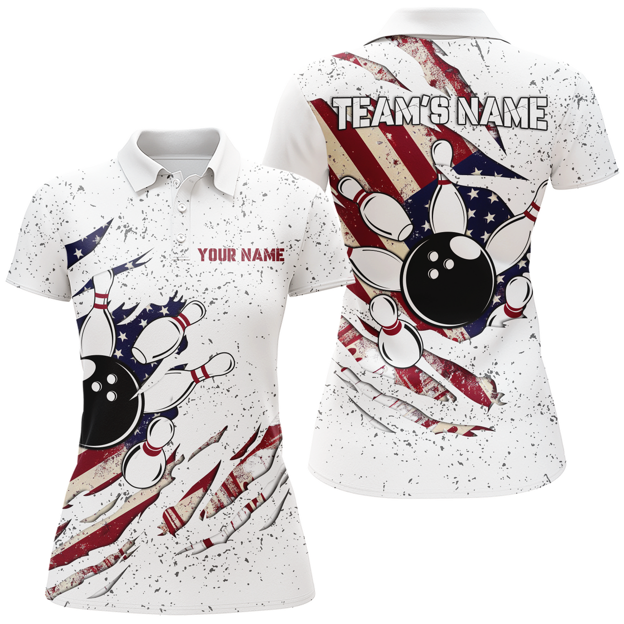 Custom American Flag Bowling for Personalized Team Women's Polo Shirts S-5XL