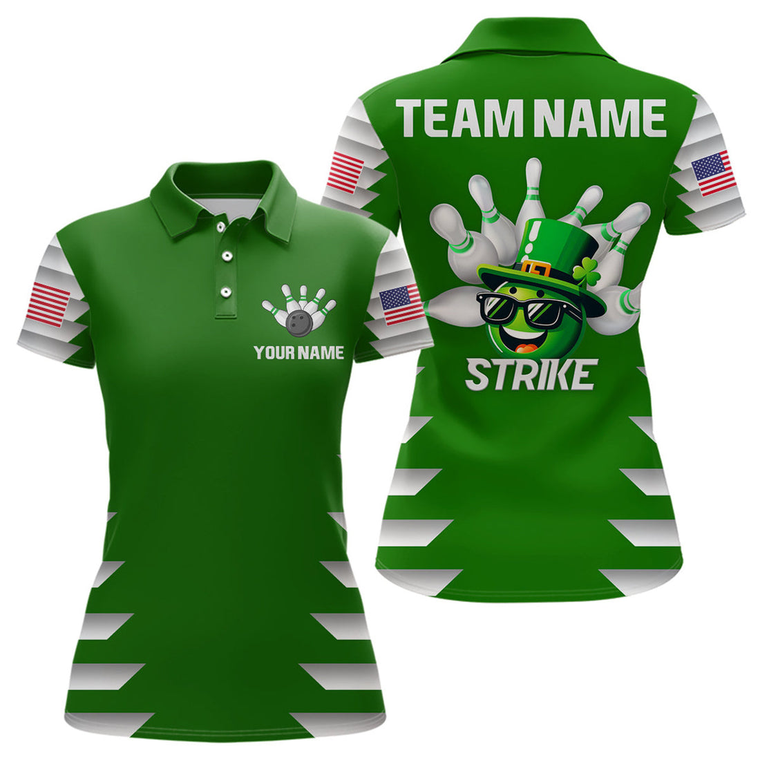 Custom Lucky Bowling for St. Patrick's Day Green Team Women's Polo Shirts S-5XL