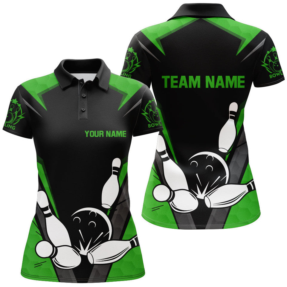 Custom Name Black Green Vintage Bowling Team Shirt Women's Polo Shirts S-5XL