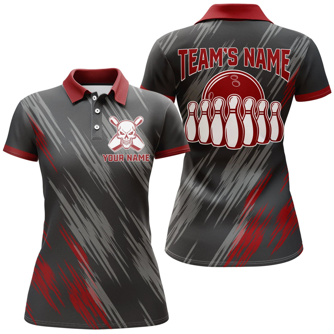 Custom Skull Bowling Polo Shirt for Black and Red Women's Polo Shirts S-5XL