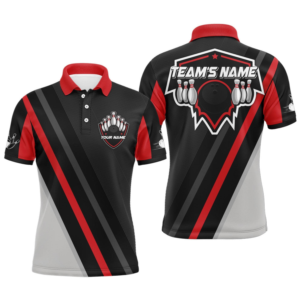 Vintage Black Red Bowling Team League Men's Polo Shirt S-5XL