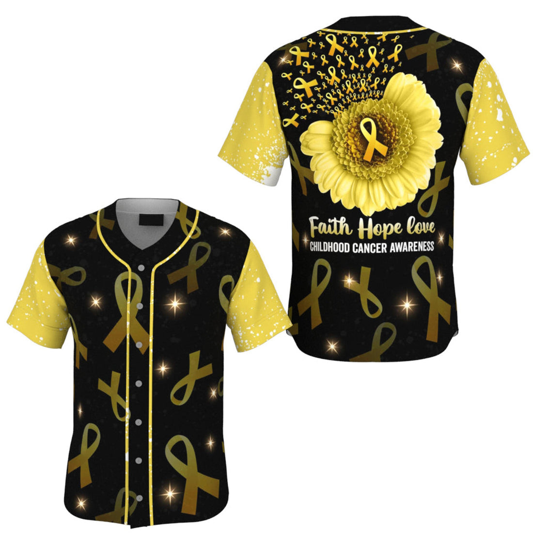 Childhood Cancer Sunflower Yellow Ribbon Faith Hope Love Baseball Jersey S-5XL
