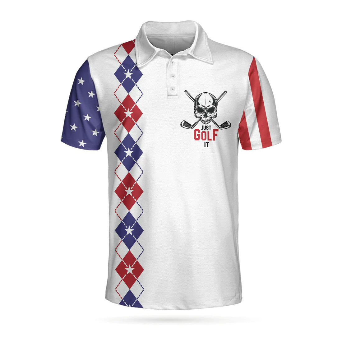 American Flag Argyle Pattern Shirt Just Golf It Skull Men's Polo Shirt S-5XL