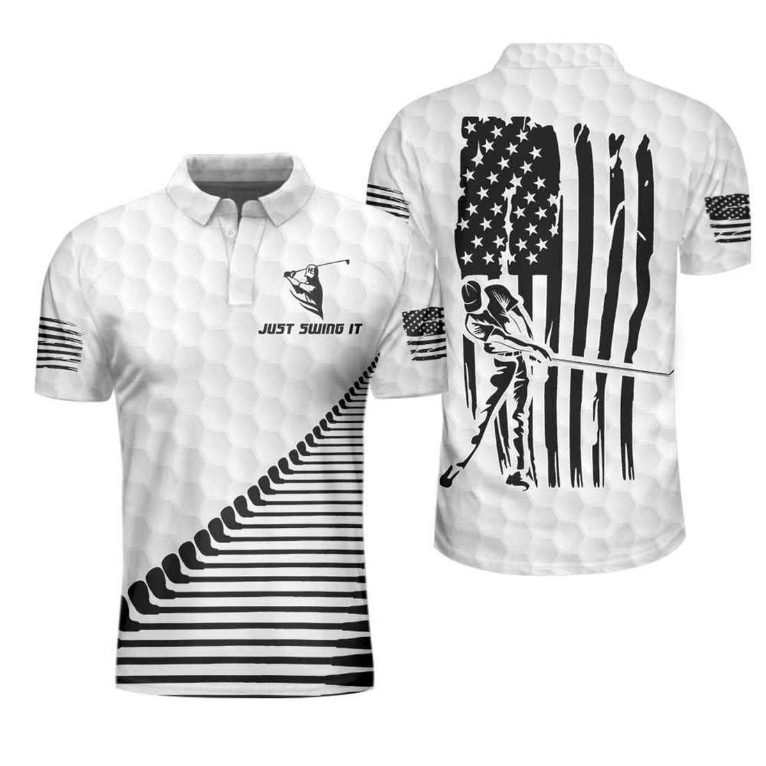 Just Swing It American Golfer Black White Flag Golf Men's Polo Shirt S-5XL
