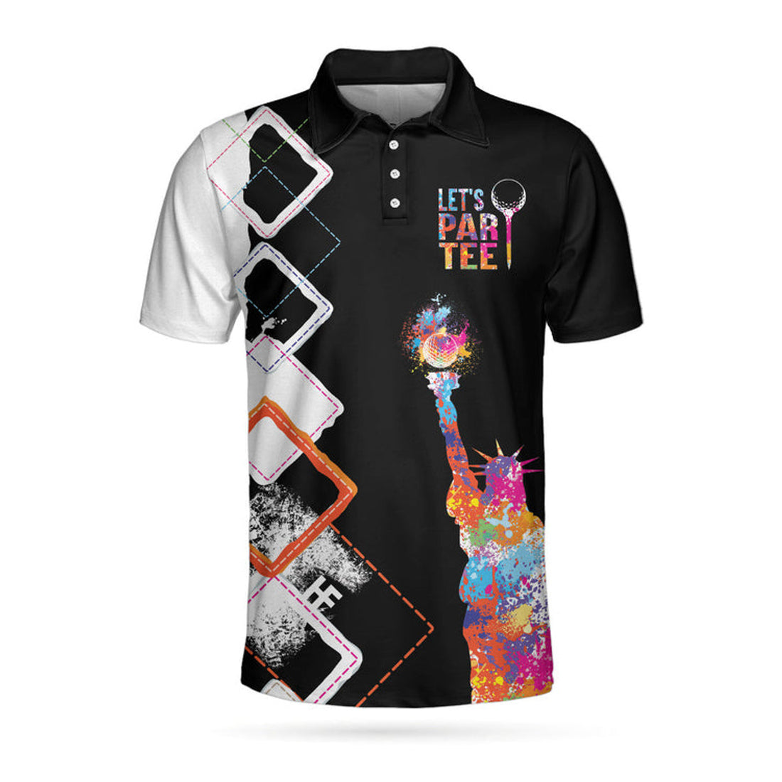 Let's Par Tee Lady Liberty Patriotic Golfer Black White Argyle Men's Polo Shirt S-5XL