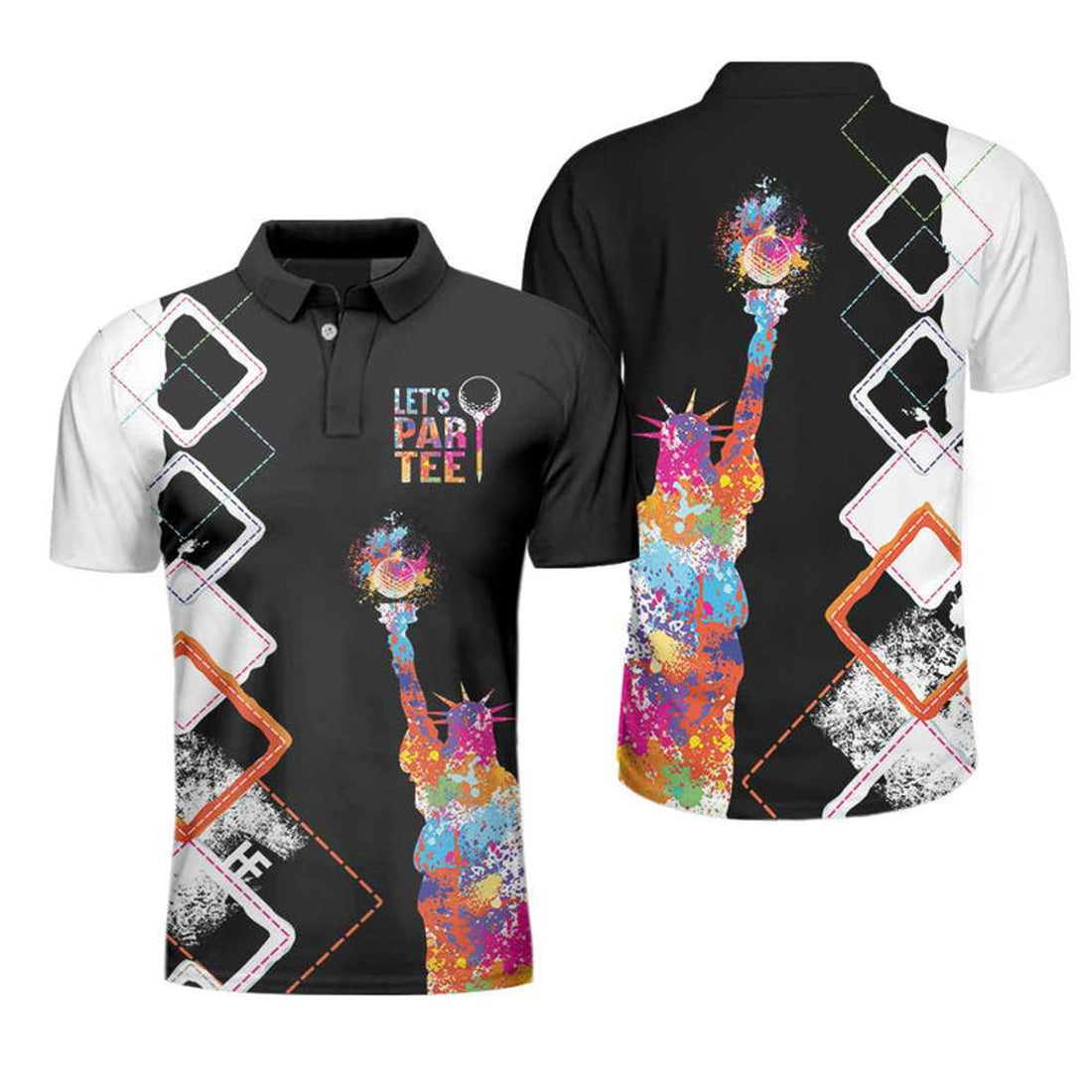 Let's Par Tee Lady Liberty Patriotic Golfer Black White Argyle Men's Polo Shirt S-5XL