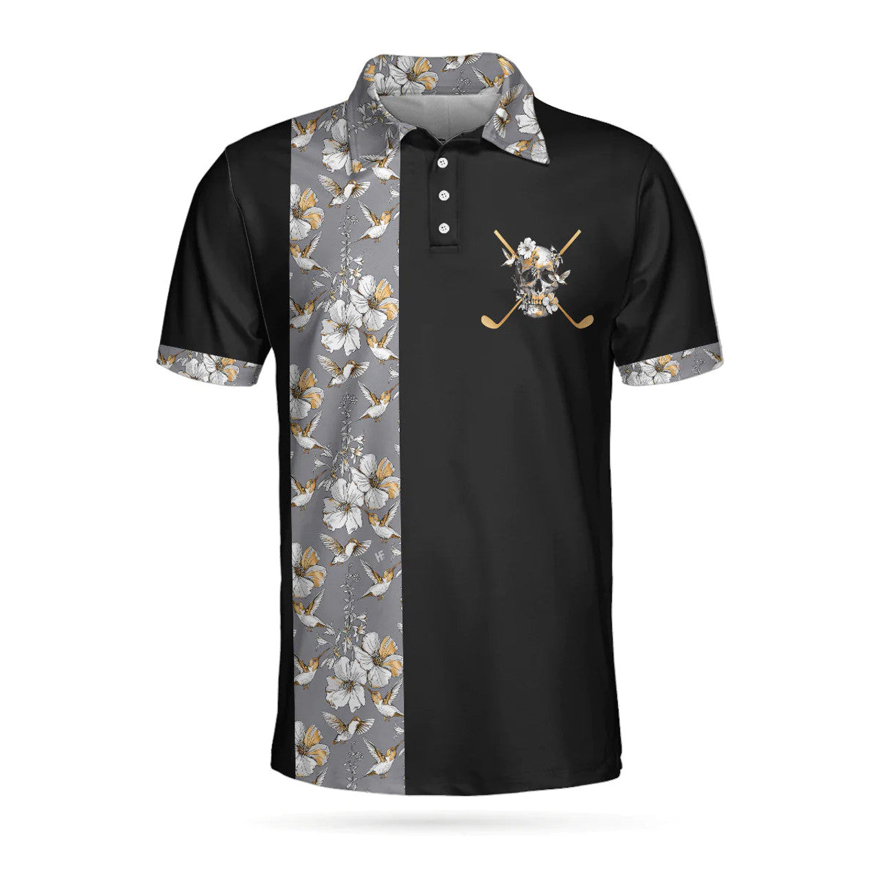 Luxury Golden Skull Black Golf Polo Shirt Ash Floral Pattern Men's Polo Shirt