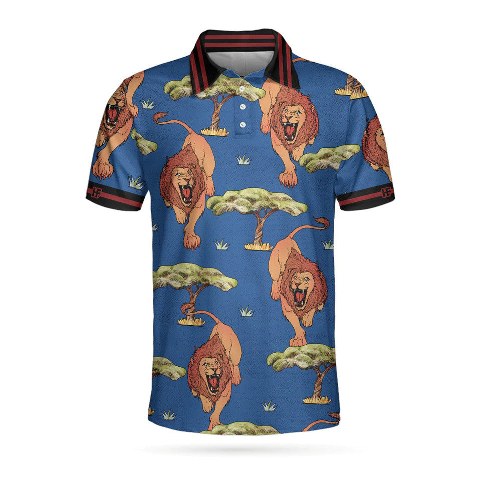 Luxury Lion King Blue Savanna Biome Pattern Cool Lion Men's Polo Shirt