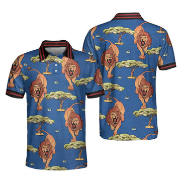 Luxury Lion King Blue Savanna Biome Pattern Cool Lion Men's Polo Shirt