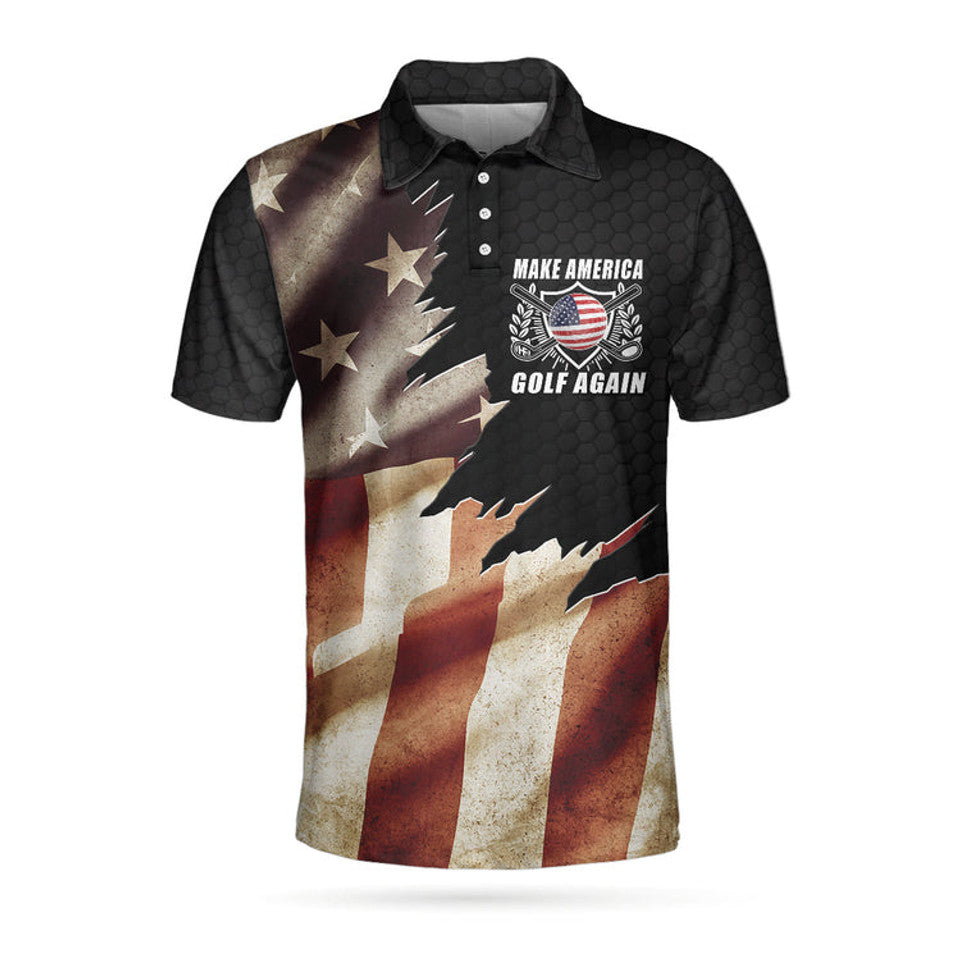 Make America Golf Again Black Hornet Nest American Flag Men's Polo Shirt S-5XL