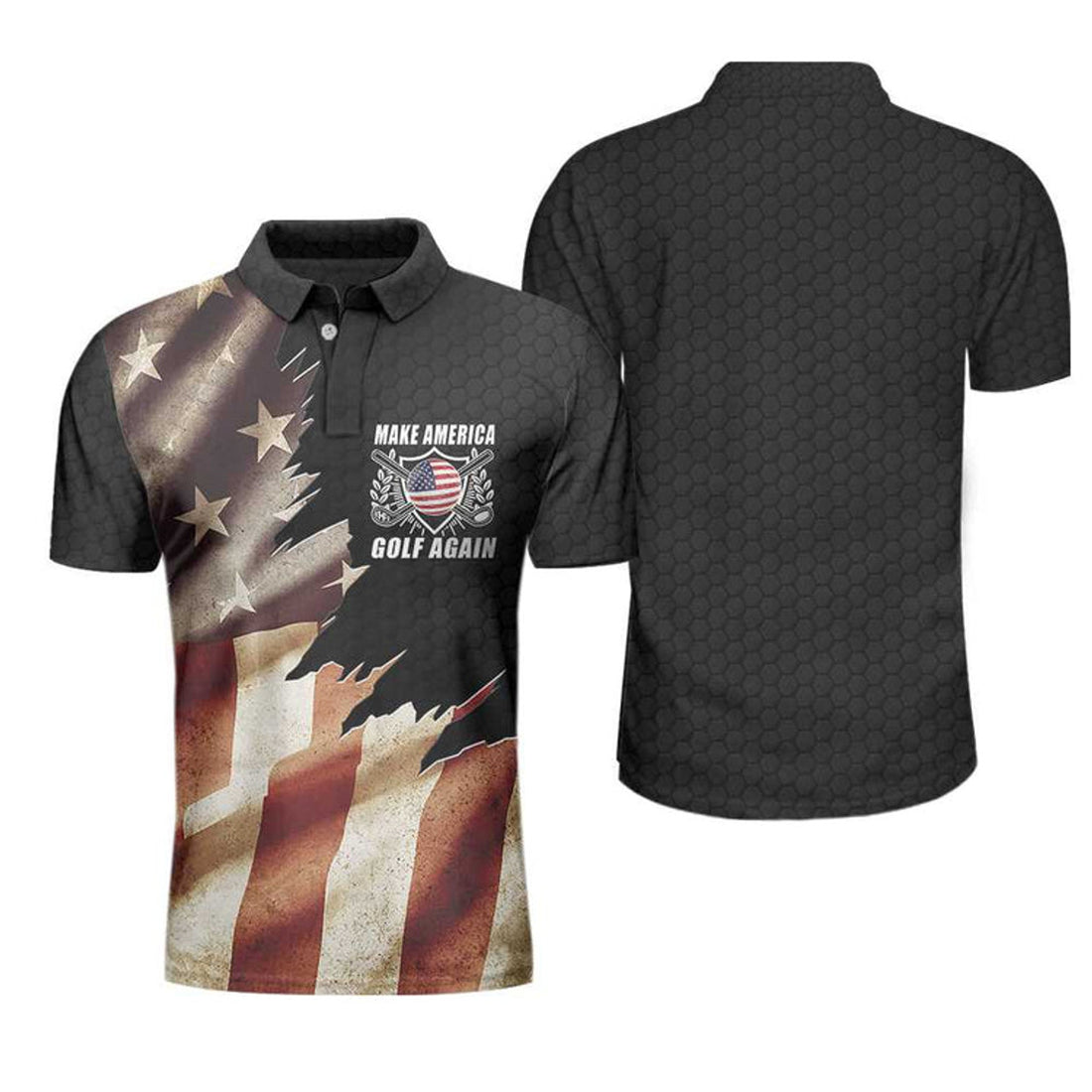Make America Golf Again Black Hornet Nest American Flag Men's Polo Shirt S-5XL