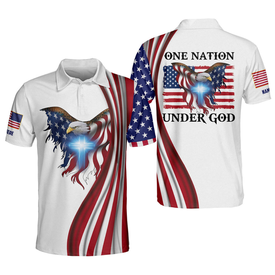 Customized Name Nation Under God Eagle Independence Day Men's Polo Shirt S-5XL
