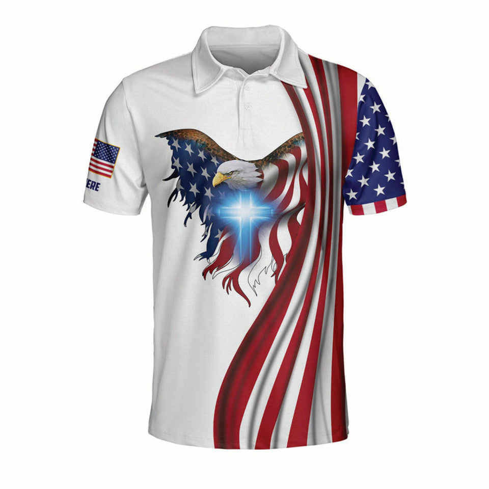 Customized Name Nation Under God Eagle Independence Day Men's Polo Shirt S-5XL