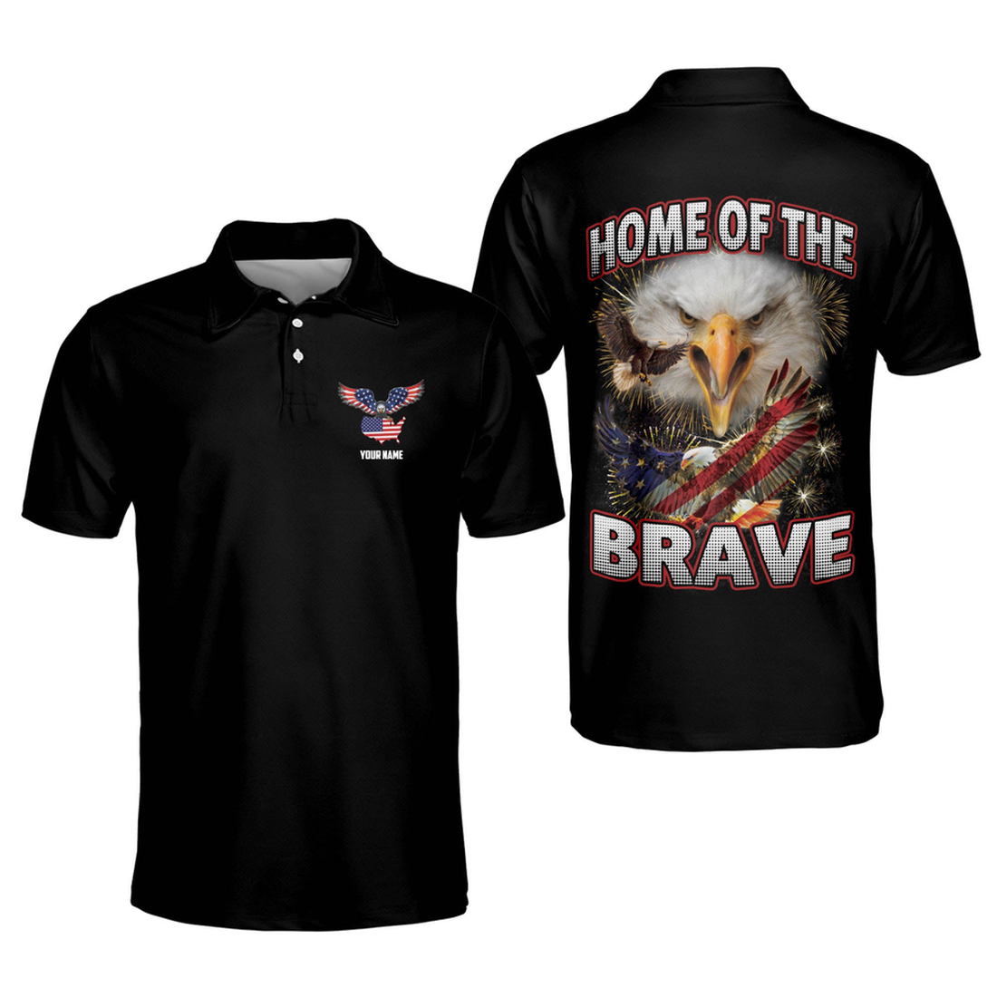 Personalized Name Home Of The Brave American Flag Men's Polo Shirt S-5XL