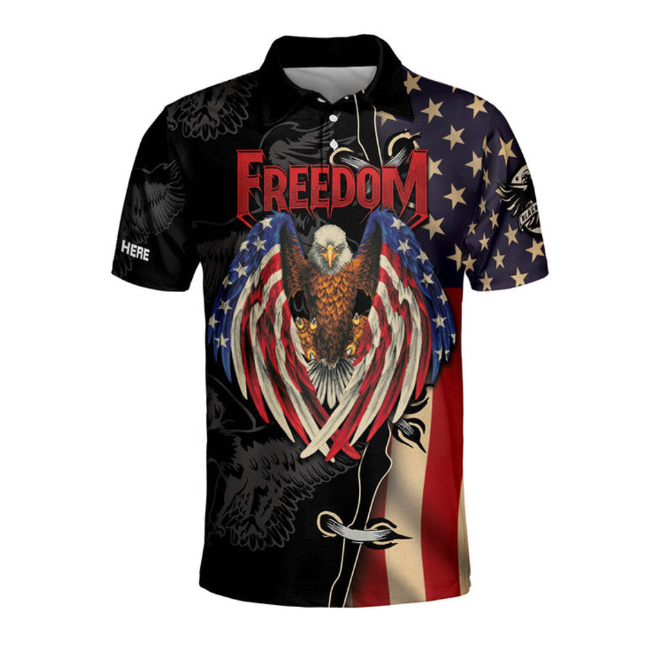 Personalized Name Freedom Eagle Vintage American Flag Men's Polo Shirt S-5XL