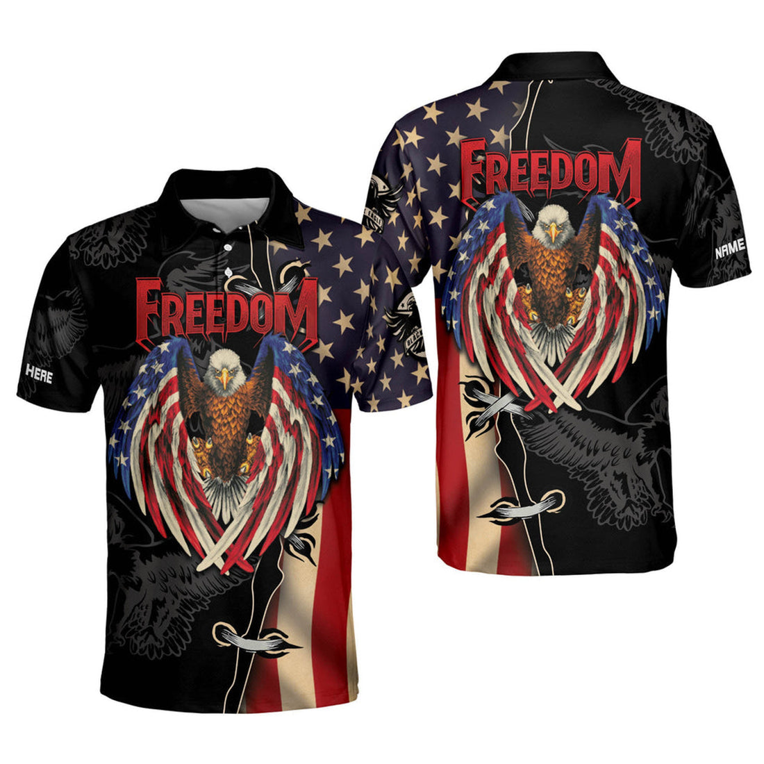 Personalized Name Freedom Eagle Vintage American Flag Men's Polo Shirt S-5XL