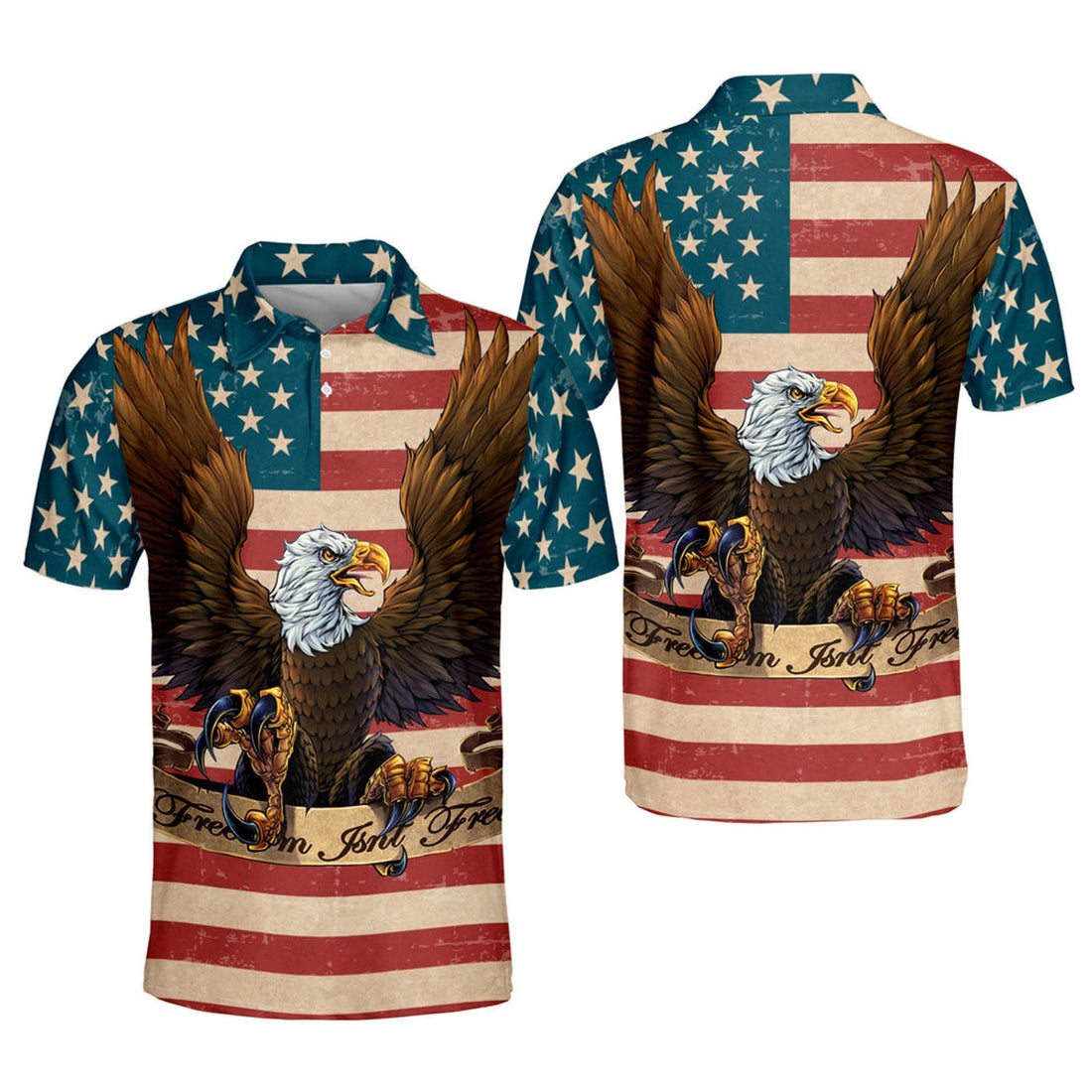 Vintage Freedom Isn't Free American Flag Eagle Men's Polo Shirt S-5XL