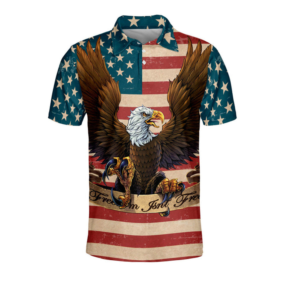 Vintage Freedom Isn't Free American Flag Eagle Men's Polo Shirt S-5XL
