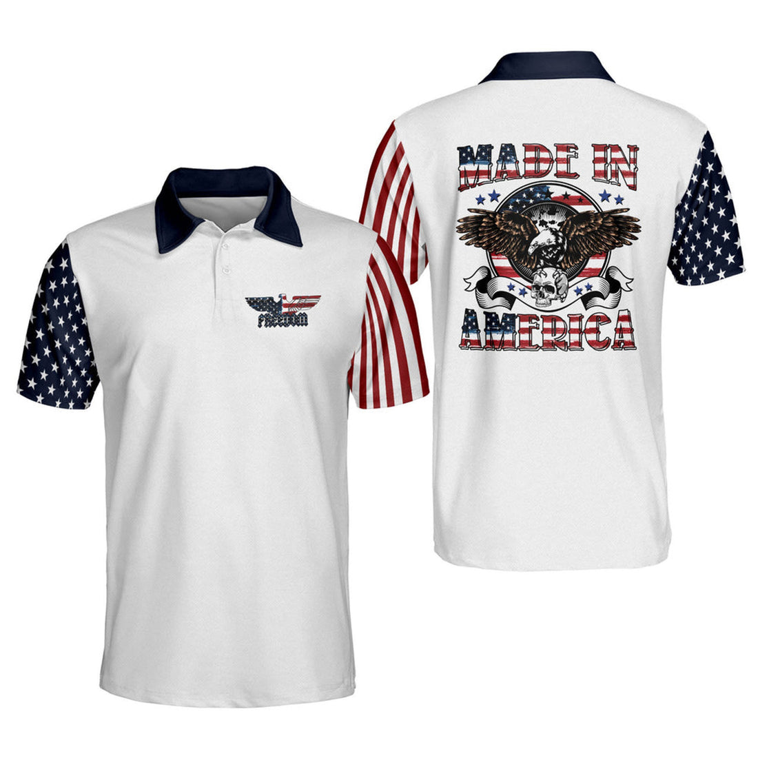 Custom Name American Eagle Independence Day Skull Men's Polo Shirt S-5XL