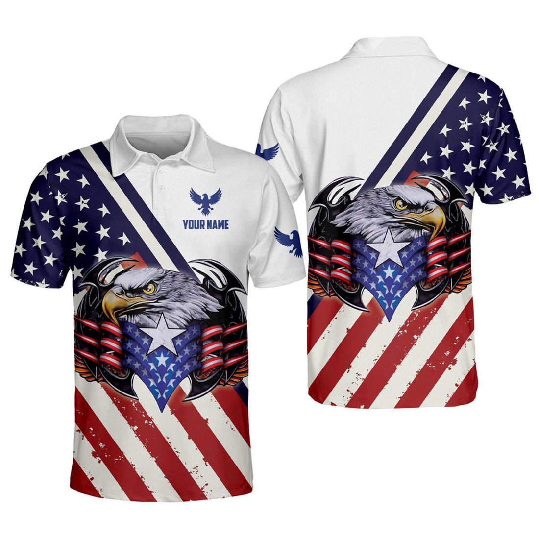 Personalized Name Eagle US Flag Patriotic Independence National Pride Men's Polo Shirt S-5XL
