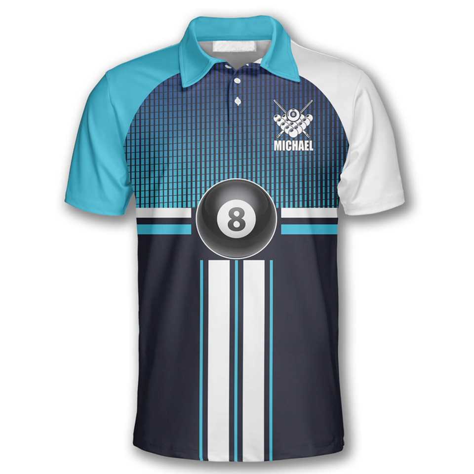 Custom 3D All Over Print Billiard 8 Ball Blue Men's Polo Shirt S-5XL