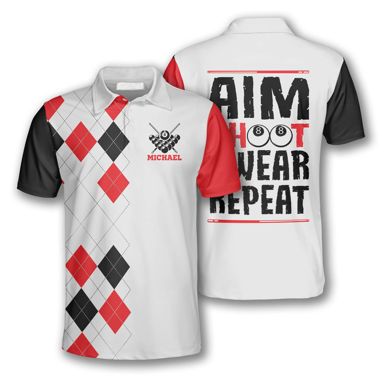 Custom Billiards Aim Shoot Swear Repeat Shirt for Men and Men's Polo Shirt S-5XL
