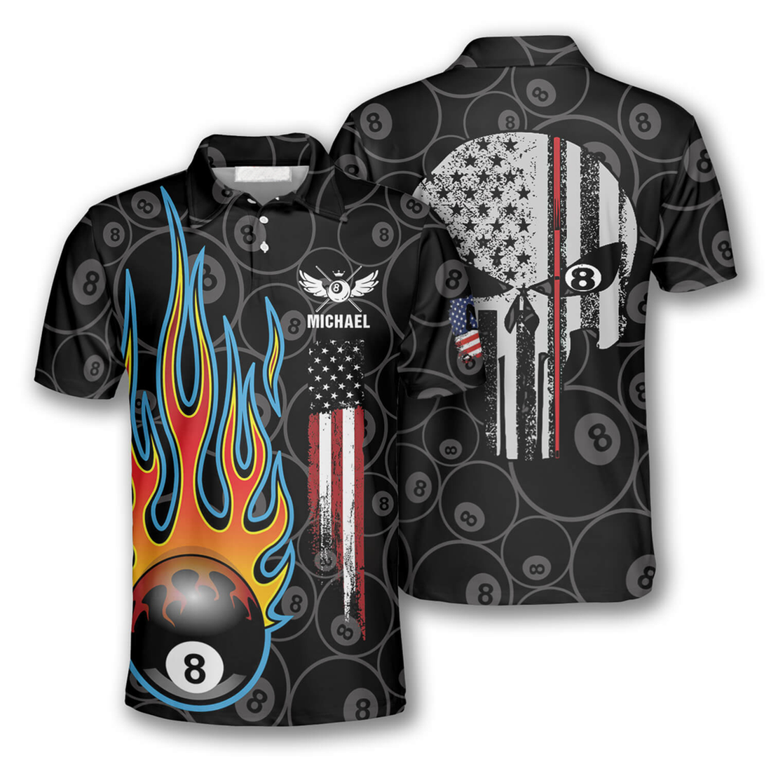 Custom USA Flag 8 Ball Flame Billiards Design for Men Men's Polo Shirt S-5XL