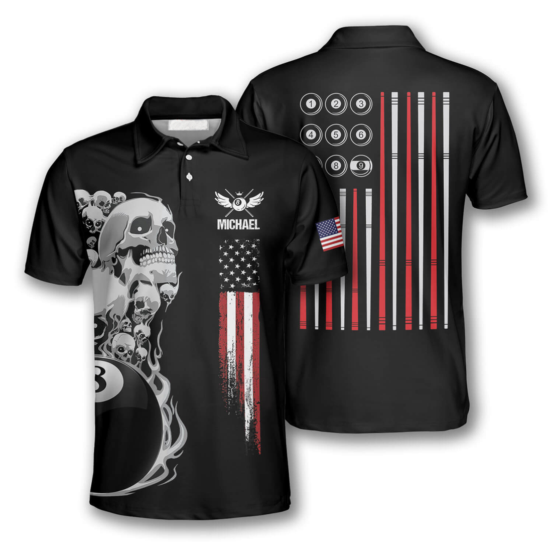 Custom Patriotic Billiards Skull American Flag Shirt Men Men's Polo Shirt S-5XL