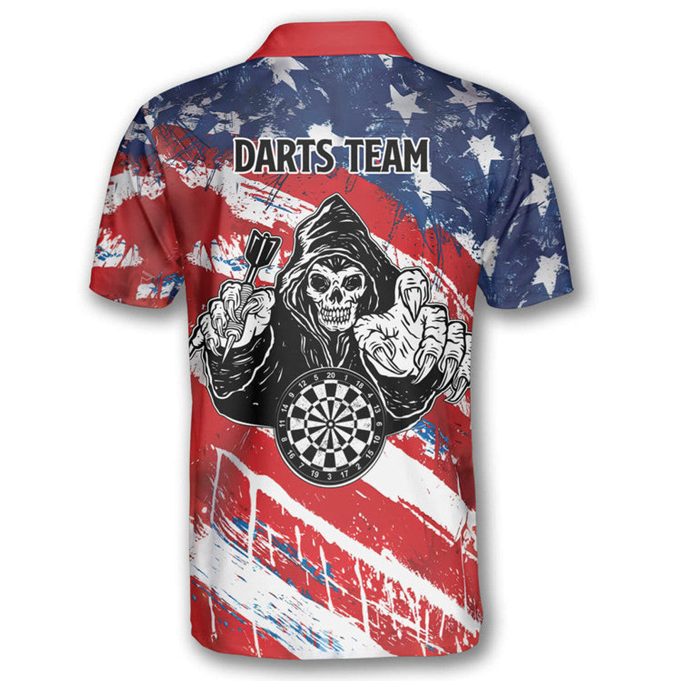 Custom Name American Flag Watercolor Dart Skull Men's Polo Shirt S-5XL