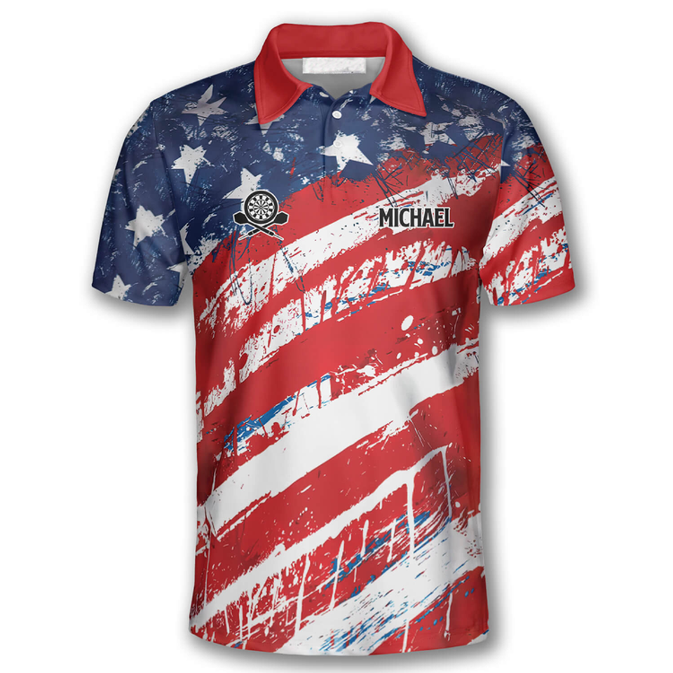 Custom Name American Flag Watercolor Dart Skull Men's Polo Shirt S-5XL