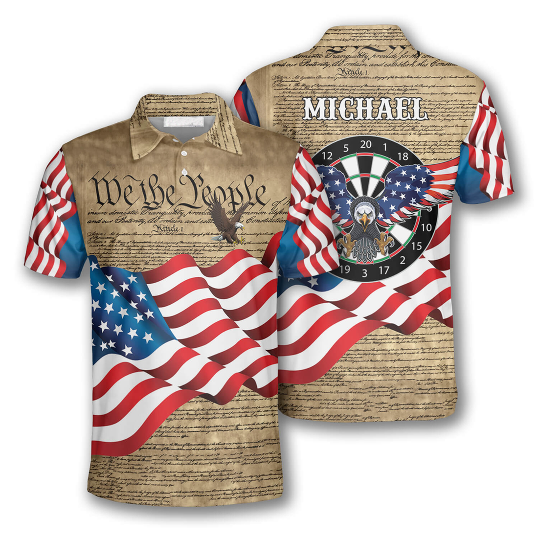 Custom 3D All Over Print Darts Eagle Waving Flag Polo Shirt for Men S-5XL