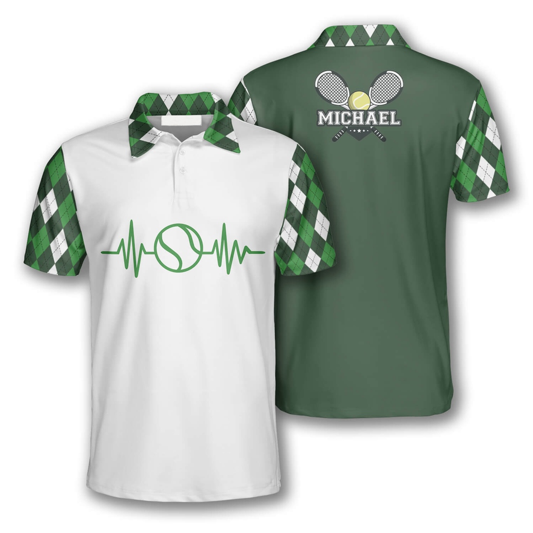 Custom Name Tennis Heartbeat Green Argyle Men's Polo Shirt S-5XL
