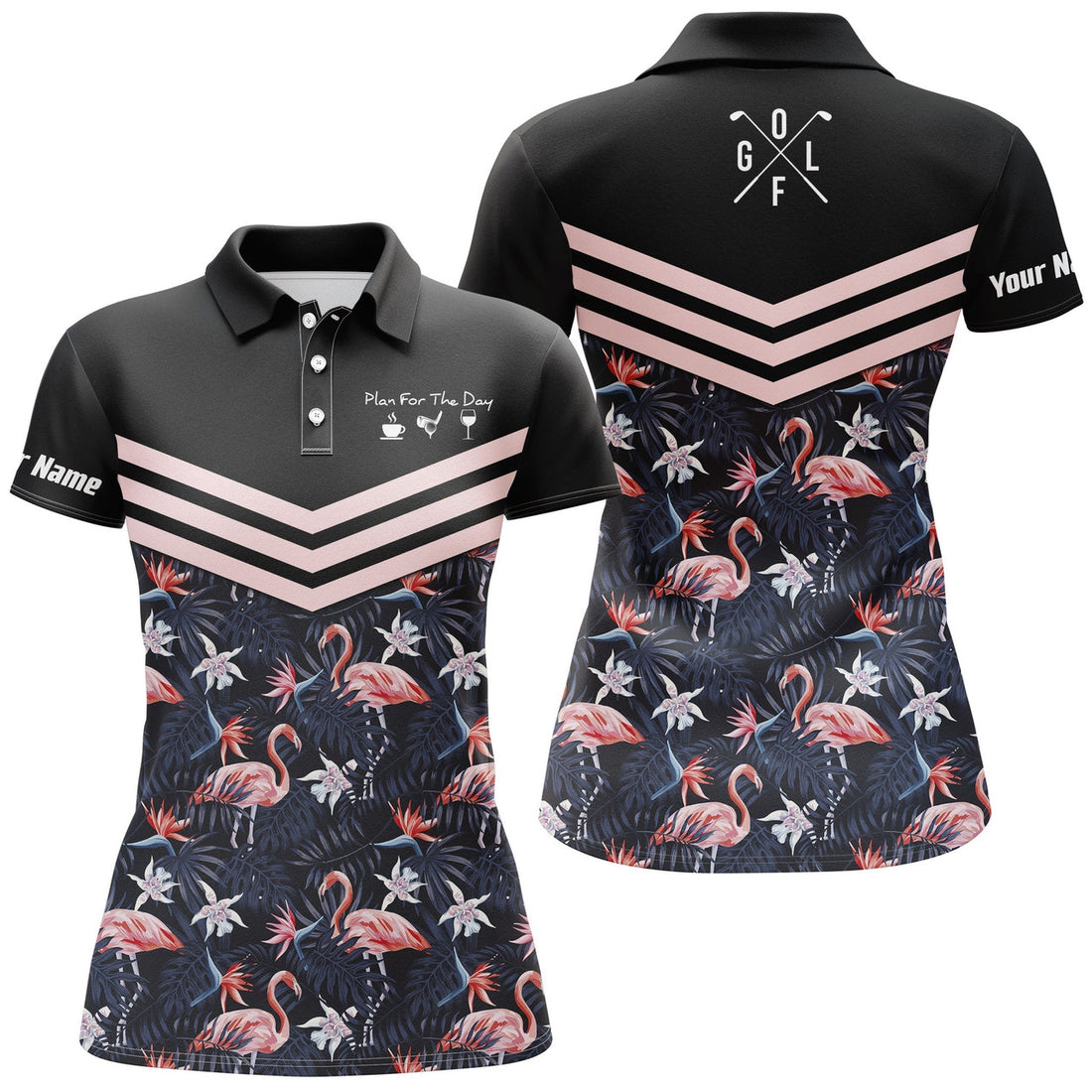 Custom Plan Golf Wine Flamingo Tropical Leaf Design Women's Polo Shirts S-5XL