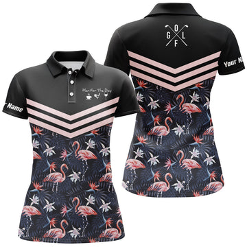 Custom Plan Golf Wine Flamingo Tropical Leaf Design Women's Polo Shirts S-5XL