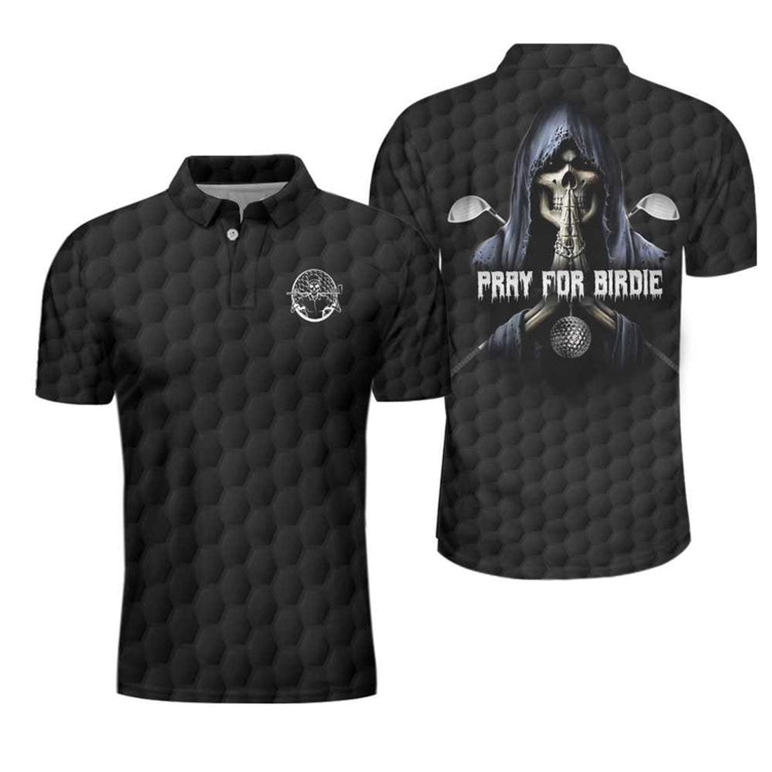 Custom Name Pray For Birdie Golfing Skeleton Black Skull Men's Polo Shirt S-5XL