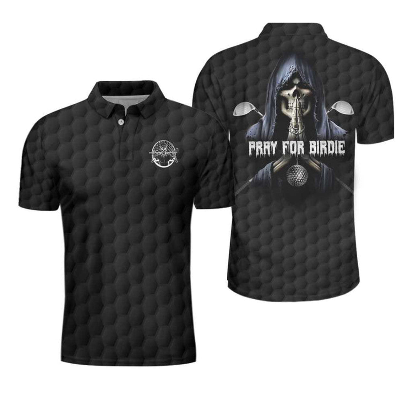 Custom Name Pray For Birdie Golfing Skeleton Black Skull Men's Polo Shirt S-5XL