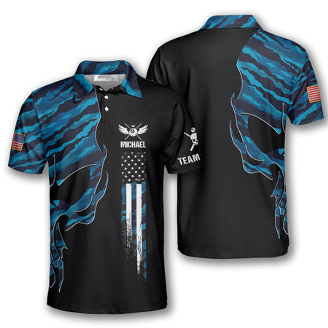 Custom Blue Camouflage Skull Billiard Shirt for Men Men's Polo Shirt S-5XL