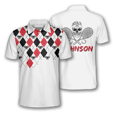 Custom Tennis Skull Argyle Pattern 3D All Over Printed Men's Polo Shirt S-5XL